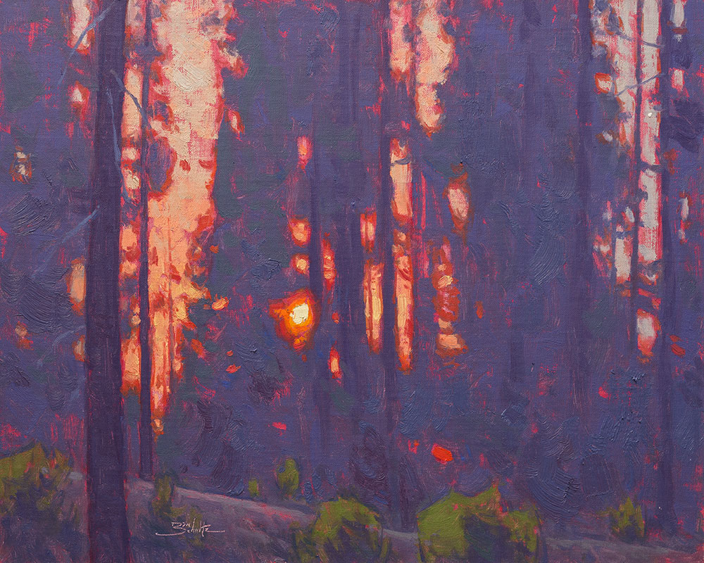 Forest Glow, 16x20 oil painting by Dan Schultz. The sunset glows red-orange behind purple forest trees.