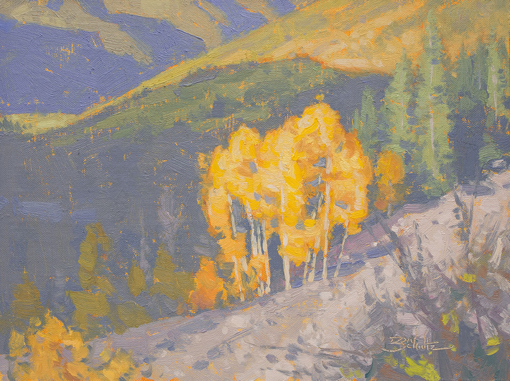 Mountainside Color, 9x12 oil painting by Dan Schultz. Golden autumn trees illuminated by the sun sit on the edge of a descending slope with forests in the background.