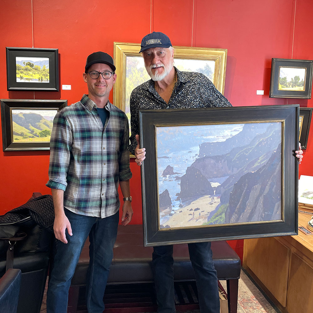 Dan Schultz with Mick Fleetwood, art collector and legendary drummer of Fleetwood Mac, at Dan Schultz Fine Art Gallery & Studio in Ojai, California