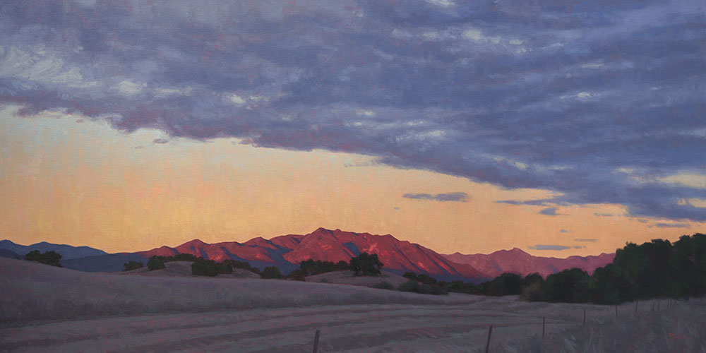 Dan Schultz • Ojai Valley Sunset • 28x56 inches • Oil on Linen Panel • Available from the Ojai Mystique Exhibition at Ojai Valley Museum in Ojai, California • October 20, 2023 - February 4, 2024 • $14,000