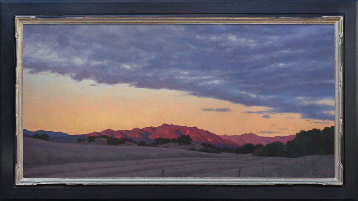 Ojai Valley Sunset • 28x56 inches • Oil on Linen Panel • Custom Chris Kirkegaard Frame with Hand Carving and 22 Karat Moon Gold • Available from the Ojai Mystique Exhibition at Ojai Valley Museum in Ojai, California • October 20, 2023 - February 4, 2024 • $14,000