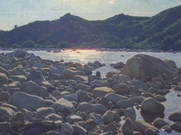 Shimmering (Ventura River) • 18x24 inches • Oil on Linen Panel • This painting was awarded the Seascape Award of Excellence in the Oil Painters of America Western Regional Exhibition at Illume Gallery West in Philipsburg, Montana, July 11, 2025. It is available for purchase there through August 15, 2025.