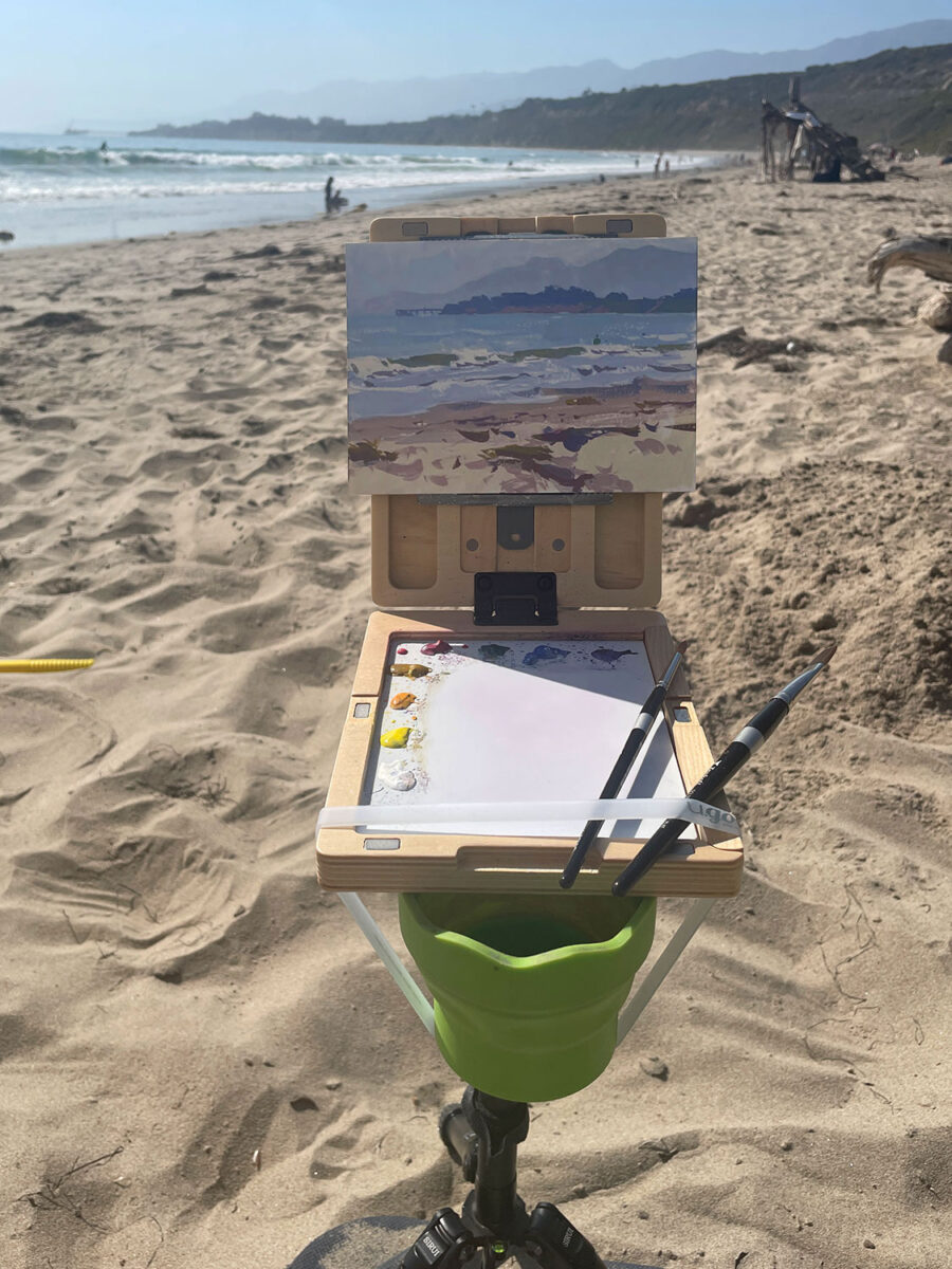 Dan Schultz's New Wave U.GO pochade box and gouache painting supplies in action with 5”x7” Distant Pier gouache painting shown