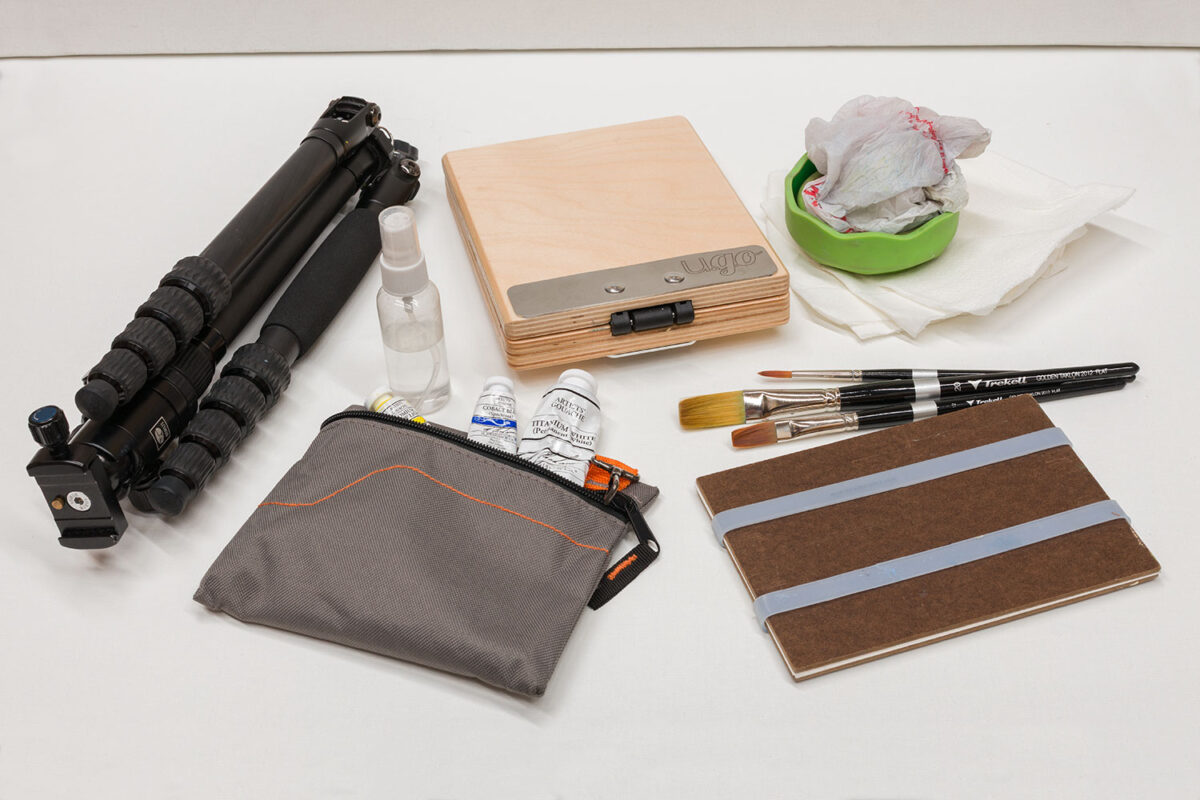 Dan Schultz's lightweight and compact gouache painting supplies: 5.5 lbs. with tripod, 3.5 lbs. without tripod